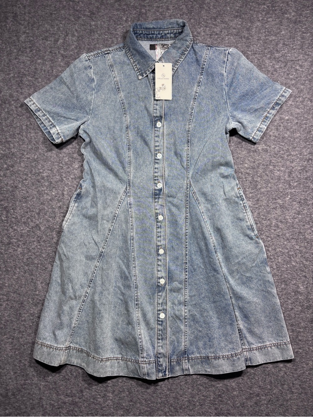 LILLUSORY Denim Button-Front Short Sleeve Dress - Blue Denim